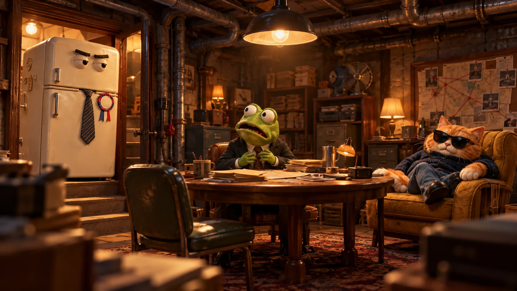 Gilbert, the nervous frog, at a basement meeting